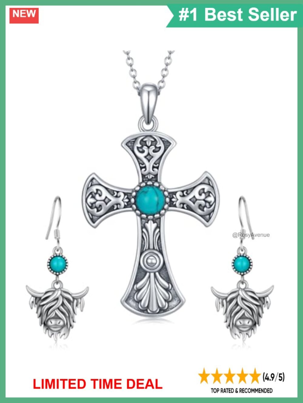 925 Sterling Silver Turquoise Cross Necklace Cow Earrings Western Jewelry Set